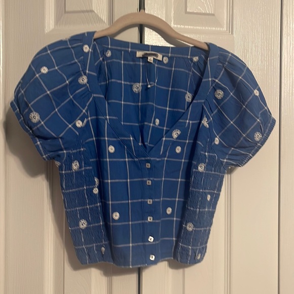 Madewell embroidered puff short sleeve crop top in windowpane size 2  NEW - Picture 2 of 9
